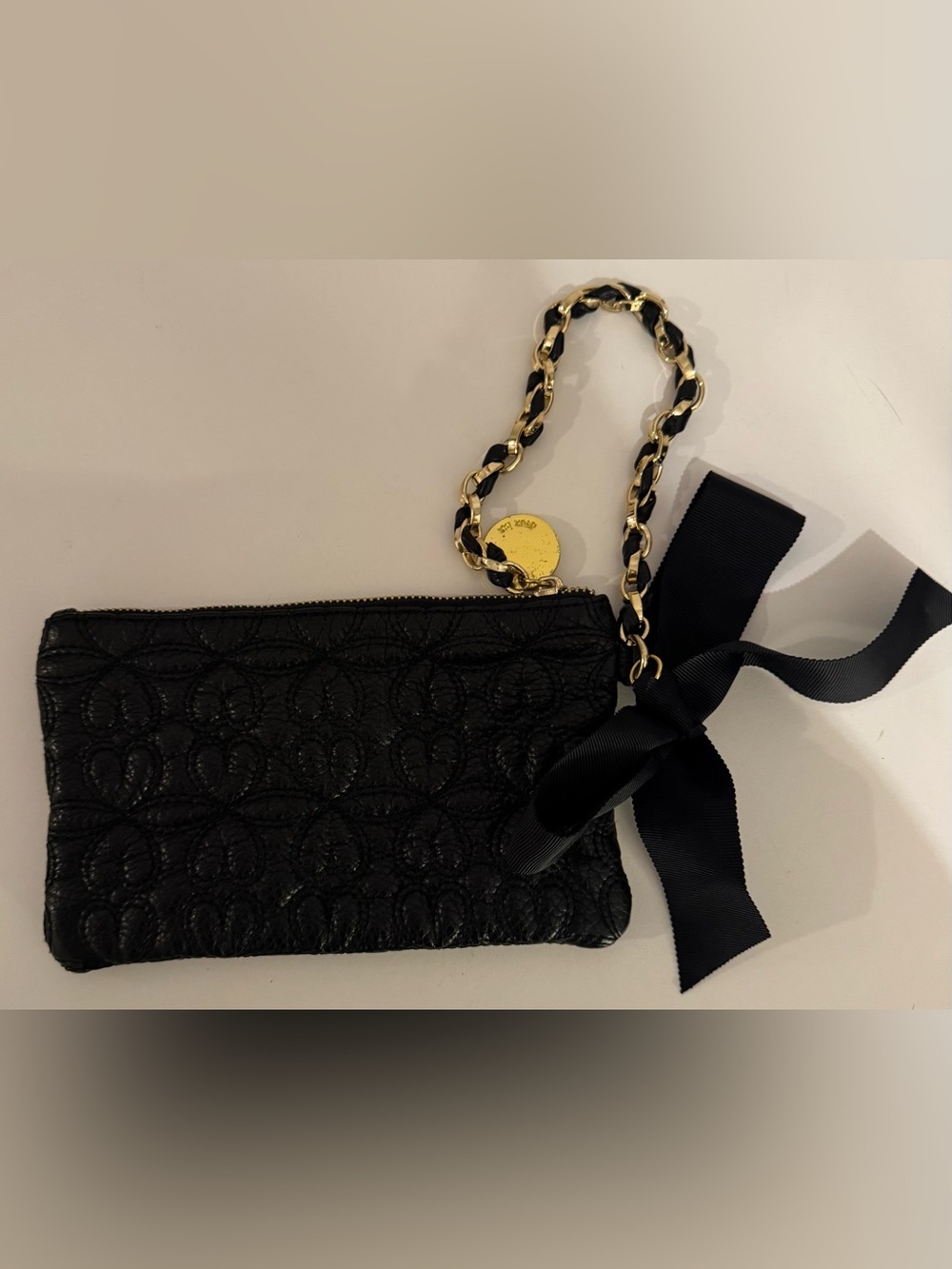 Deux Lux Black Quilted Heart Wristlet Clutch with Ribbon and Chain Strap
